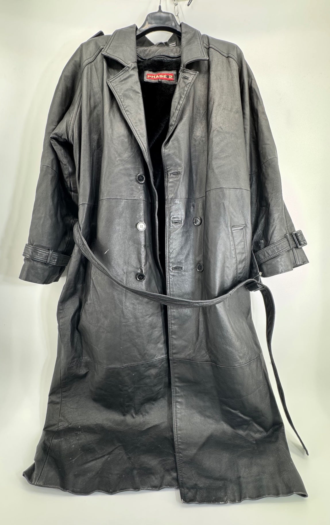 Phase 2 Vintage Black Leather Trench Coat Sz LG