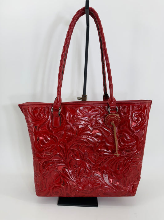 Patricia Nash Adeline Red Tooled Leather Tote Bag Floral Embossed Shoulder Purse
