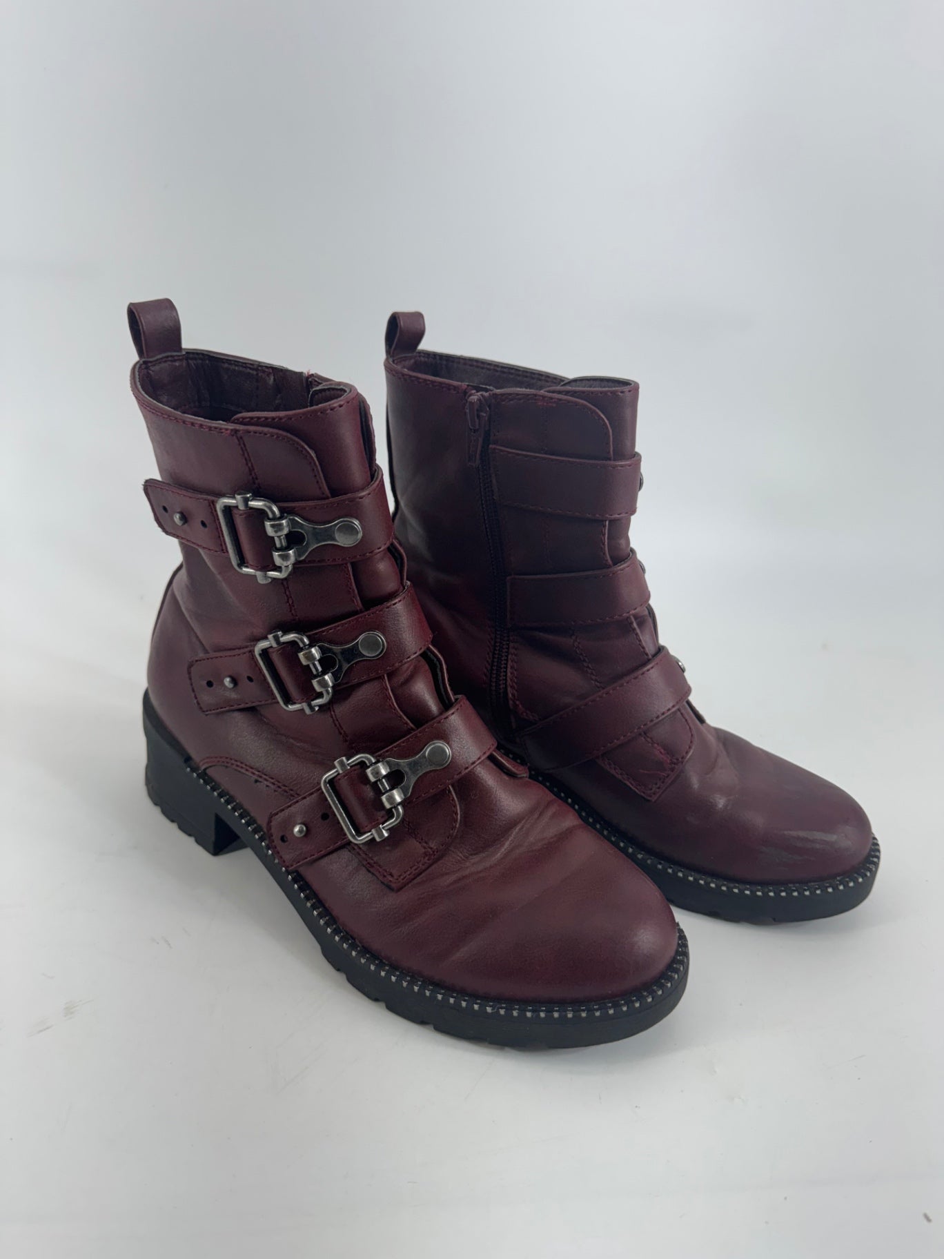 So Burgundy Buckle Leather Boots