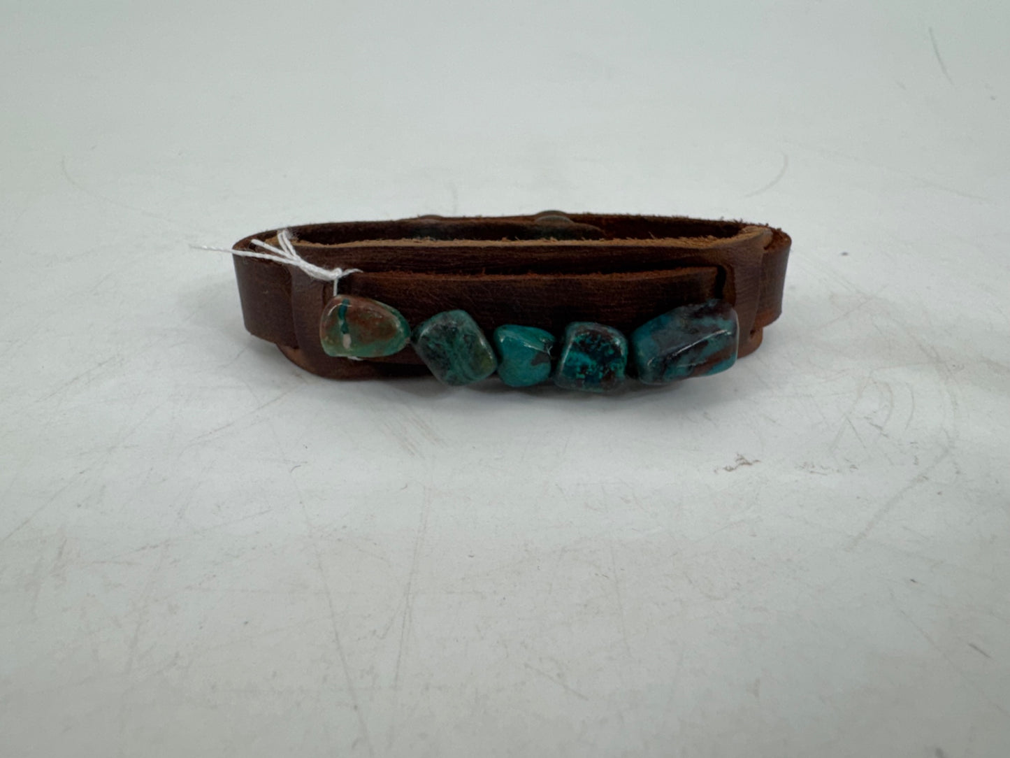 Yik Fung Brown Leather Bracelet with Turqouise