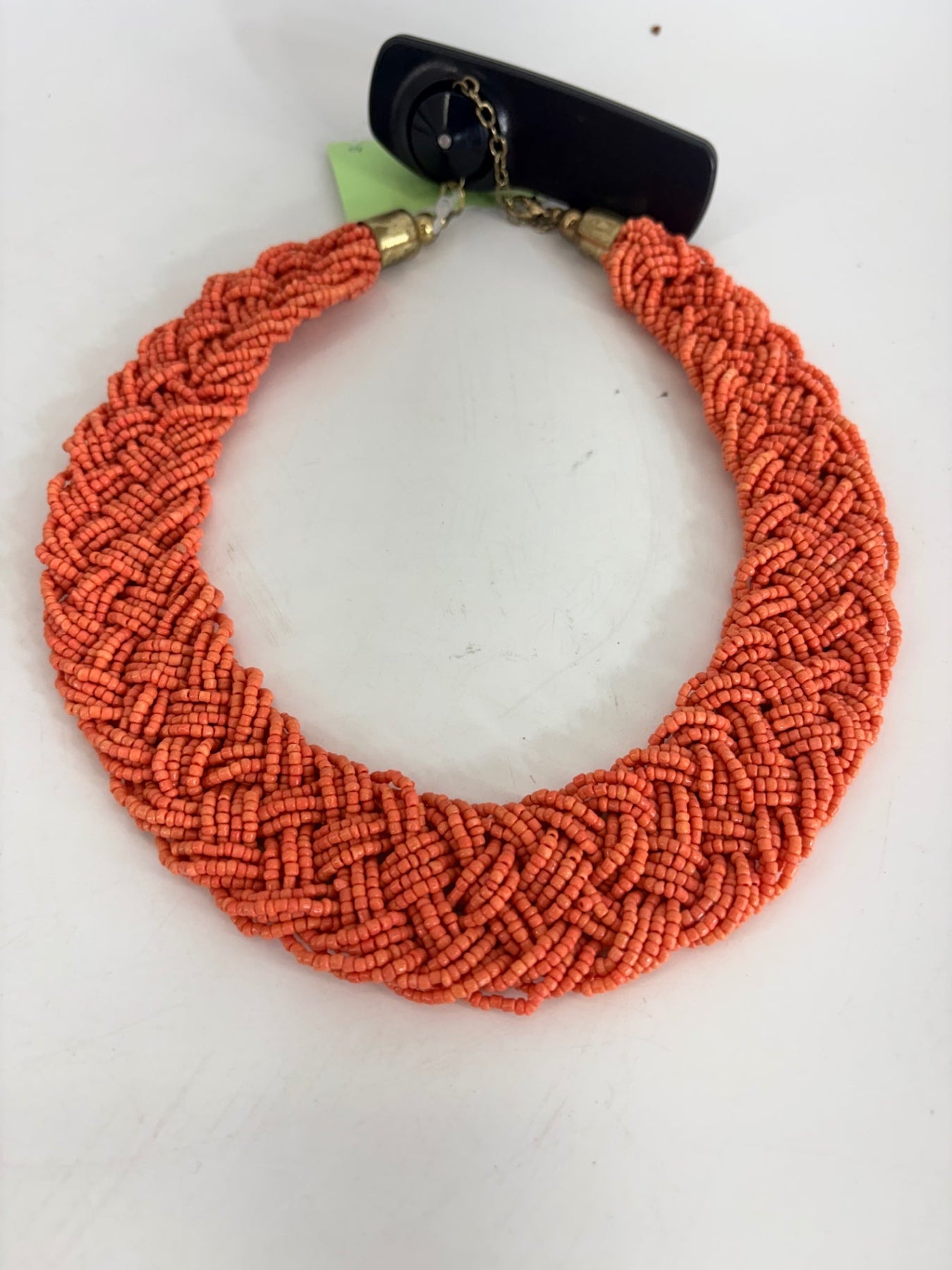 Coral Pink Multi Strand Seed Bead Statement Necklace – Braided Boho Beaded Collar Necklace – Adjustable Gold Tone Closure – Boutique Style