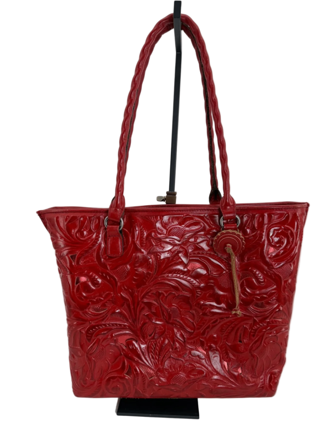 Patricia Nash Adeline Red Tooled Leather Tote Bag Floral Embossed Shoulder Purse