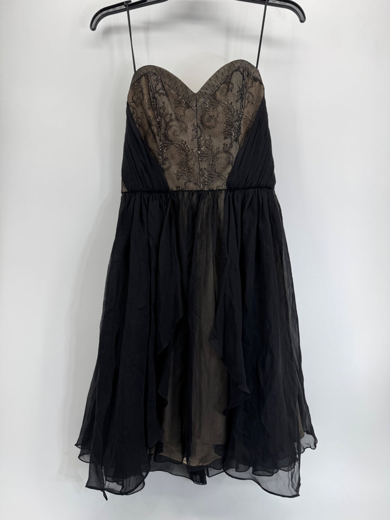 ABS Allen Schwartz Black w/ Nude Lace Strapless Sz Medium