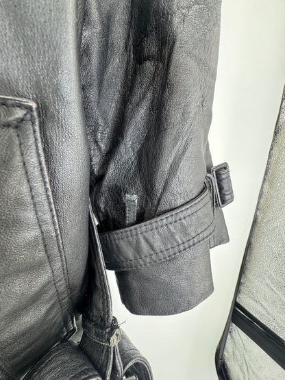 Phase 2 Vintage Black Leather Trench Coat Sz LG