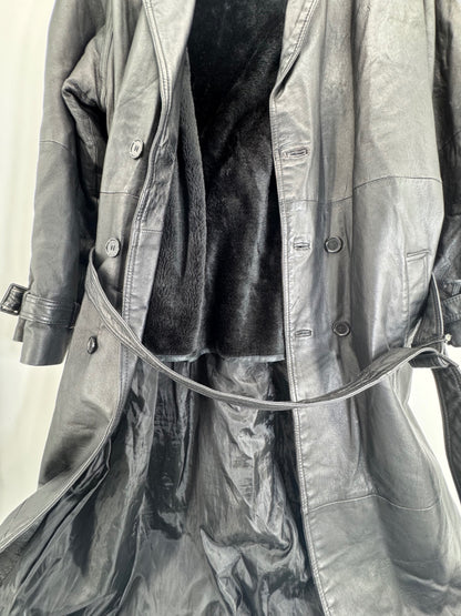 Phase 2 Vintage Black Leather Trench Coat Sz LG