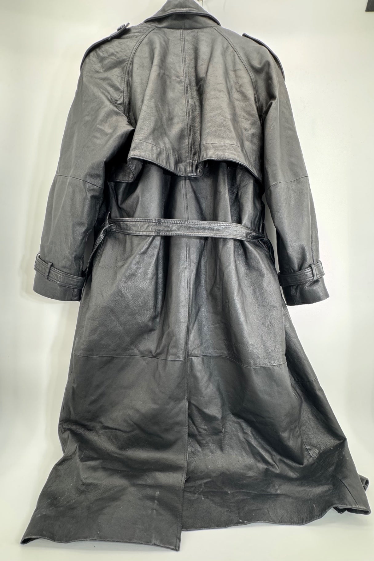 Phase 2 Vintage Black Leather Trench Coat Sz LG