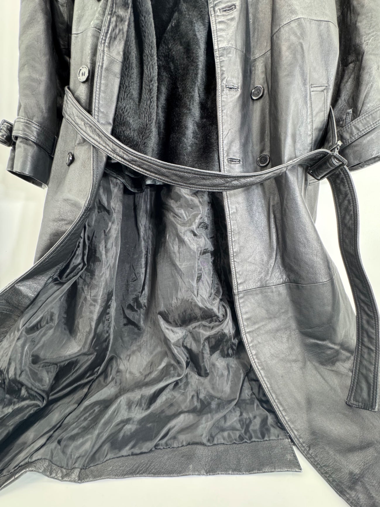 Phase 2 Vintage Black Leather Trench Coat Sz LG