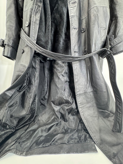 Phase 2 Vintage Black Leather Trench Coat Sz LG