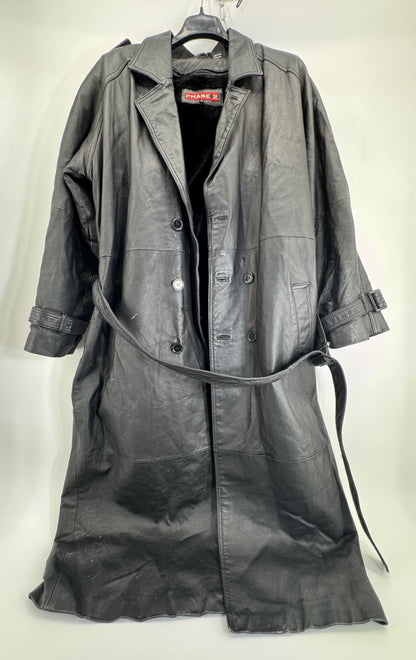 Phase 2 Vintage Black Leather Trench Coat Sz LG