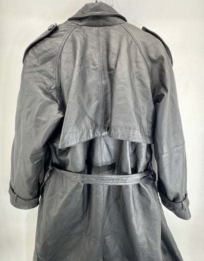 Phase 2 Vintage Black Leather Trench Coat Sz LG
