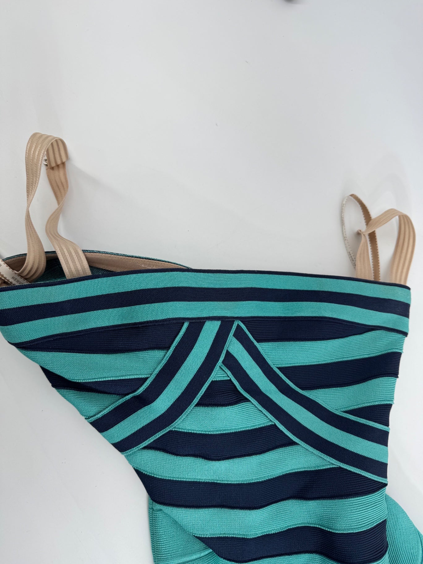 Herve Leger XS Strapless Bandage Mini Dress Blue Turquoise Bodycon