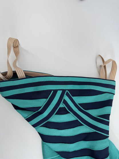 Herve Leger XS Strapless Bandage Mini Dress Blue Turquoise Bodycon