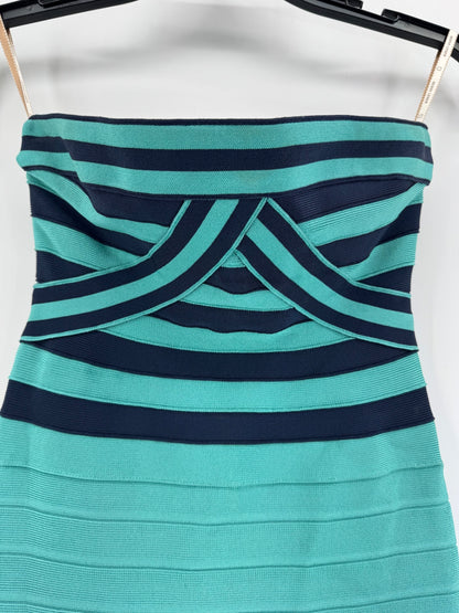 Herve Leger XS Strapless Bandage Mini Dress Blue Turquoise Bodycon