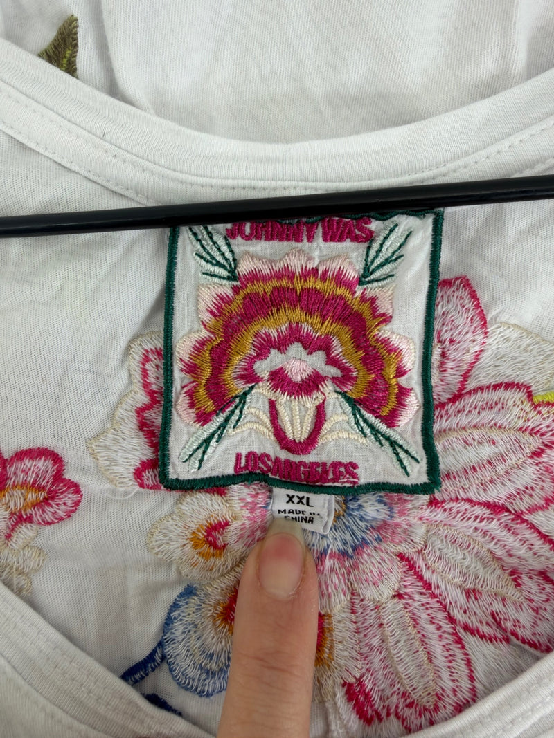 Johnny Was White Floral Embroidered Tee