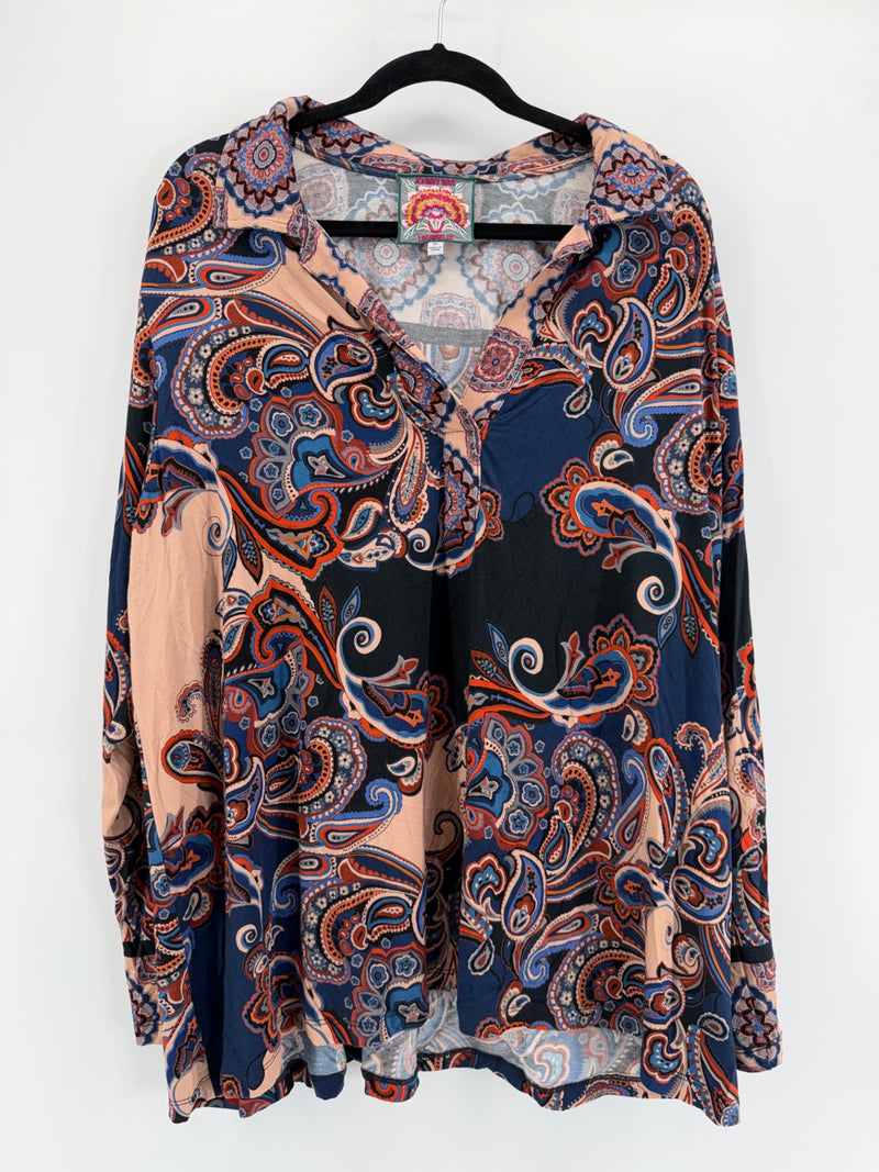Johnny Was - Blue Paisley LS Collared Top - 2X