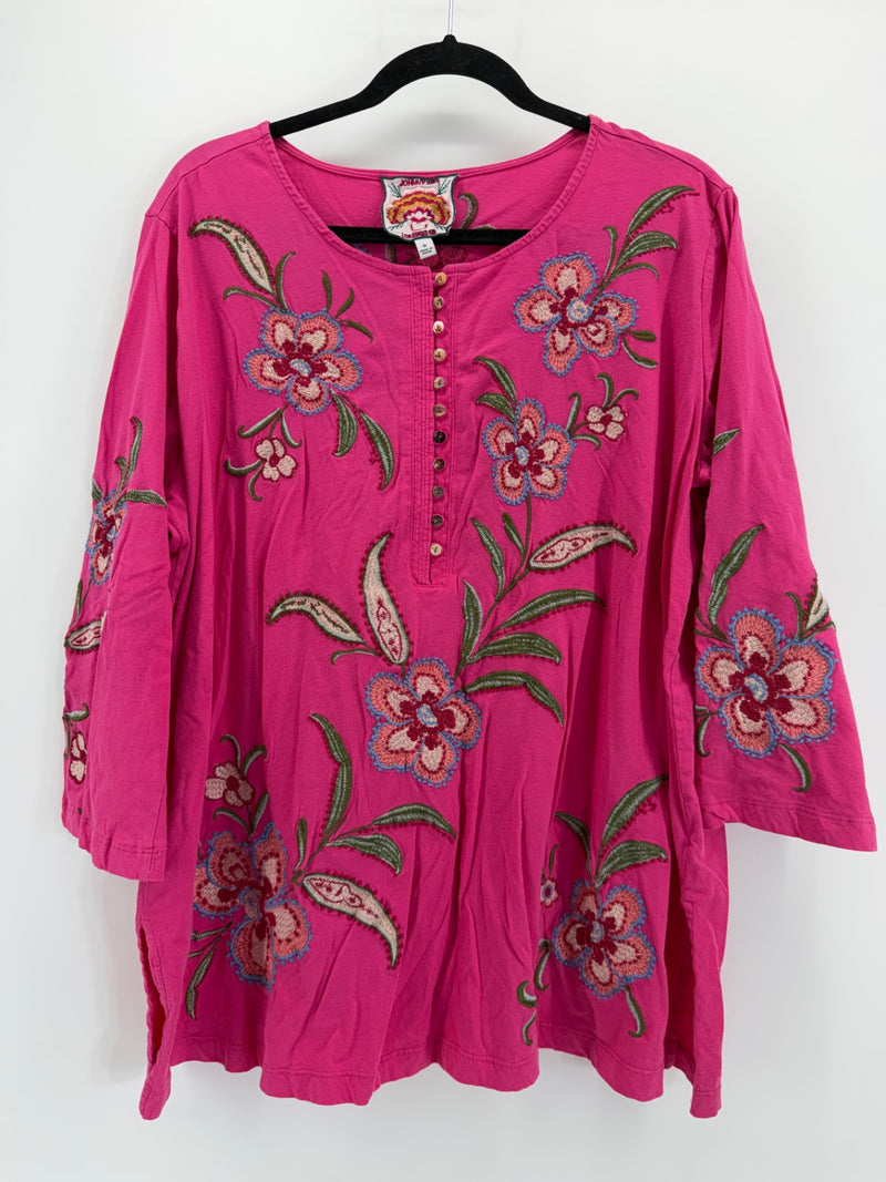 Johnny Was Pink Half Button Top - 1X