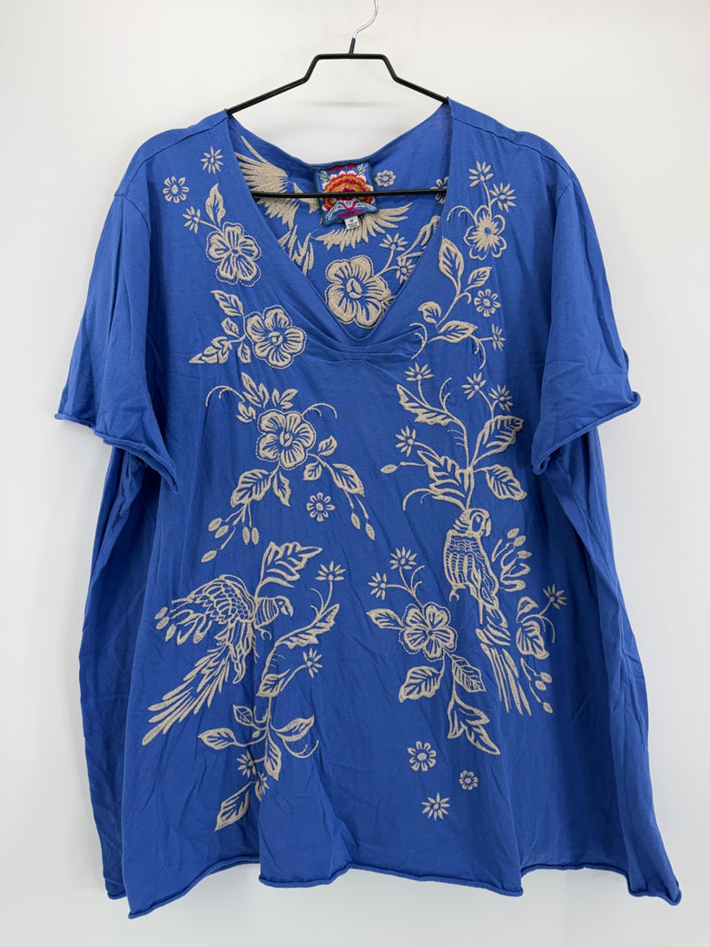 Johnny Was - Blue Beige Embroidered Bird Top - 3X