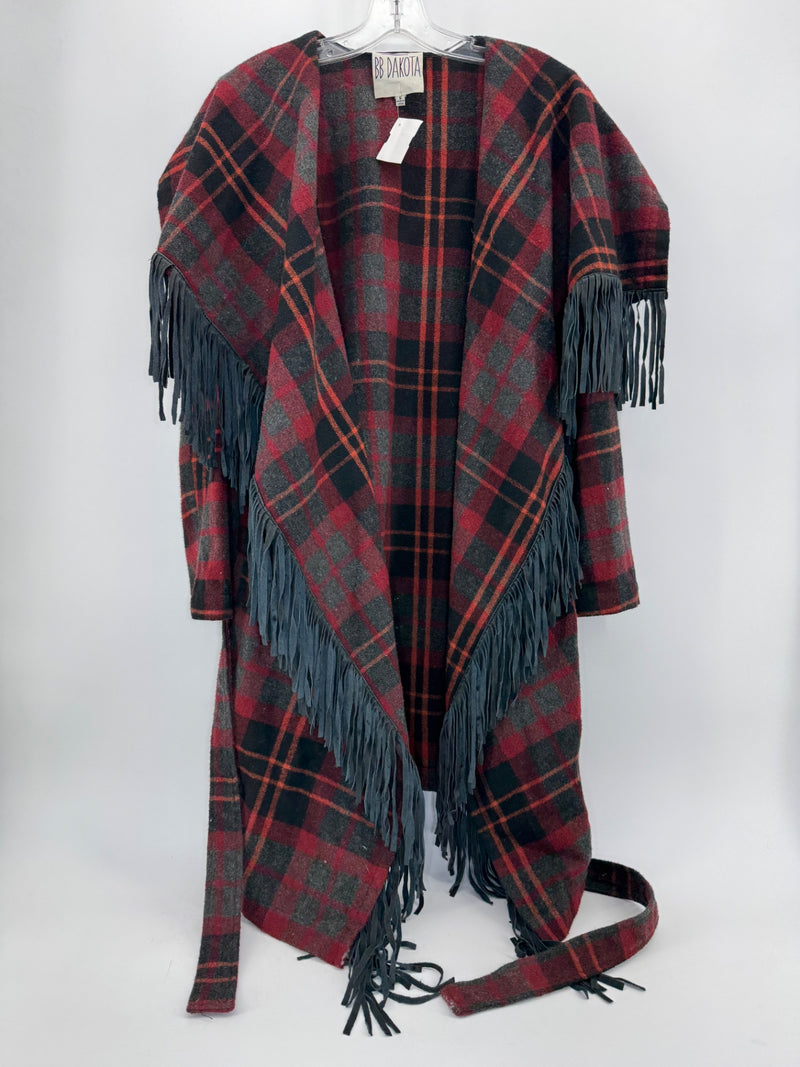 BB Dakota Plaid Fringe Wrap Coat w/ Belt Sz Sm