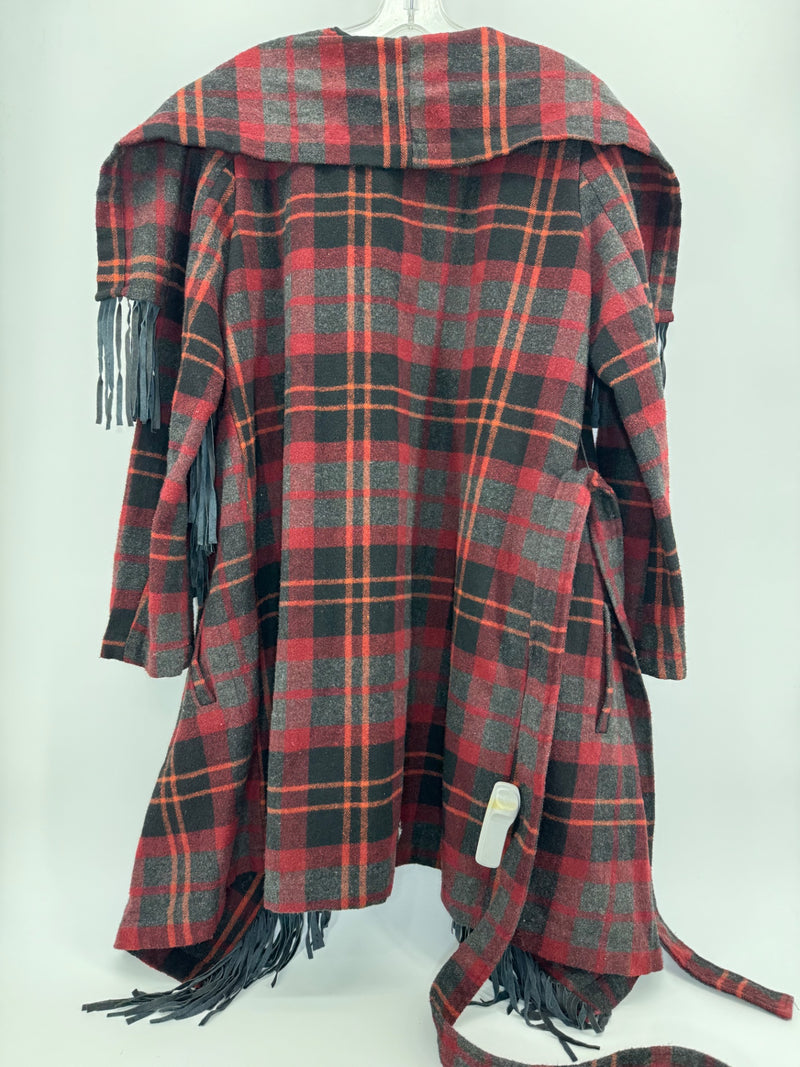BB Dakota Plaid Fringe Wrap Coat w/ Belt Sz Sm