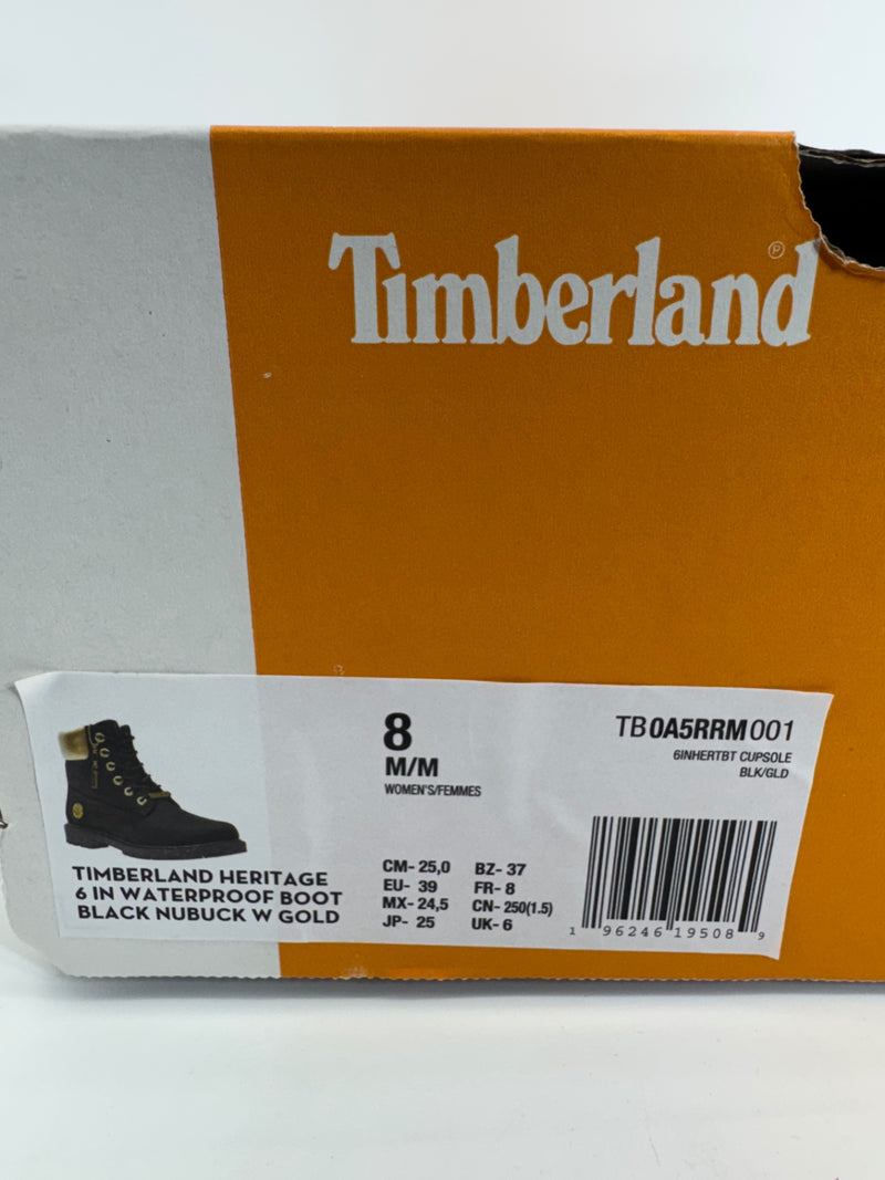 Timberland Heritage 6-Inch Waterproof Boots Black Nubuck w/ Gold Accents Sz 8