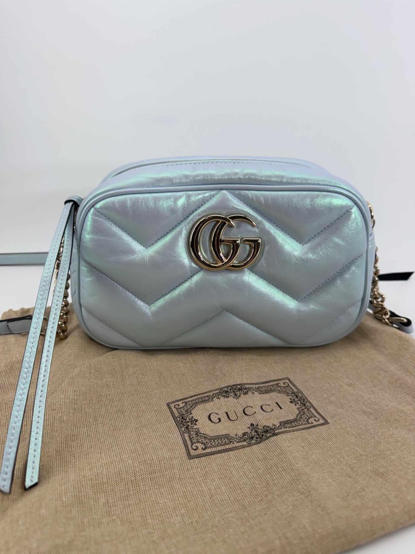 Gucci Metallic Blue Marmont Mini Camera Bag
