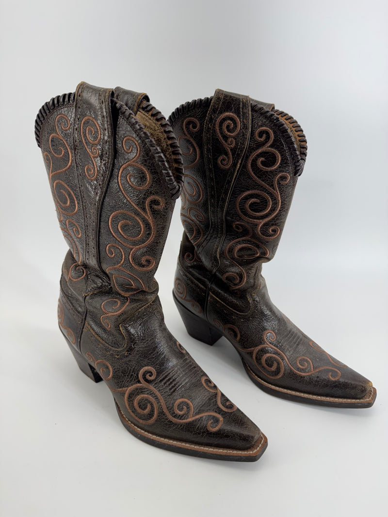 Ariat Womens Brown Scroll Embroidered Pointed Toe Boots SIZE 7.5