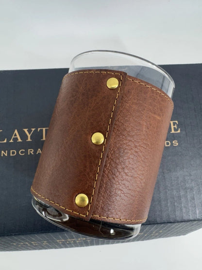 Clayton & Crume Leo Leather Wrapped Rocks Whiskey Glasses Set of 2 New