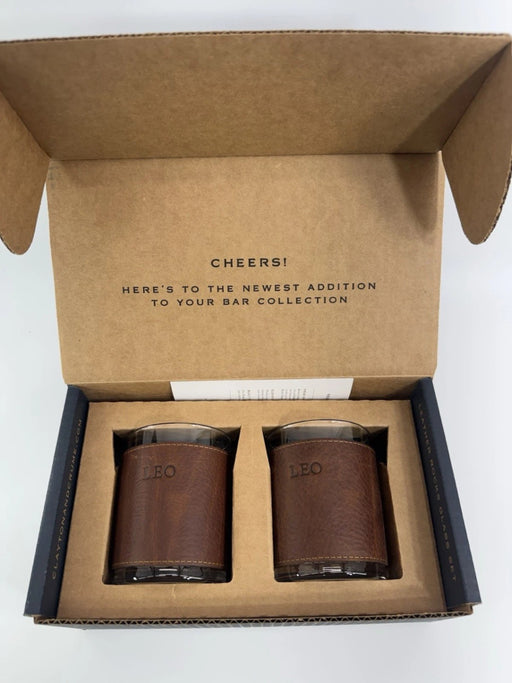 Clayton & Crume Leo Leather Wrapped Rocks Whiskey Glasses Set of 2 New