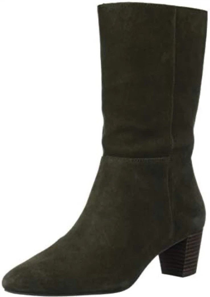Lucky Brand Zaahira Mid Calf Boot, Dark Moss Oiled Suede, Size 5M