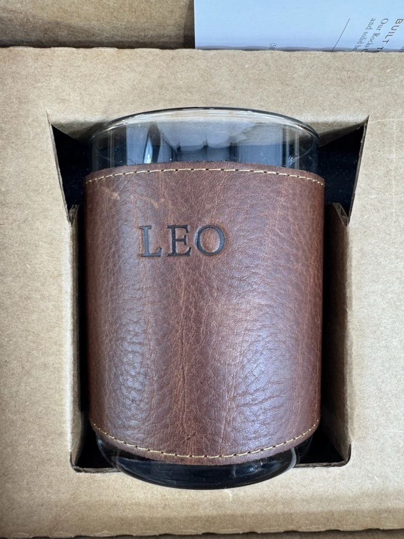 Clayton & Crume Leo Leather Wrapped Rocks Whiskey Glasses Set of 2 New