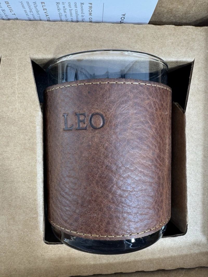 Clayton & Crume Leo Leather Wrapped Rocks Whiskey Glasses Set of 2 New