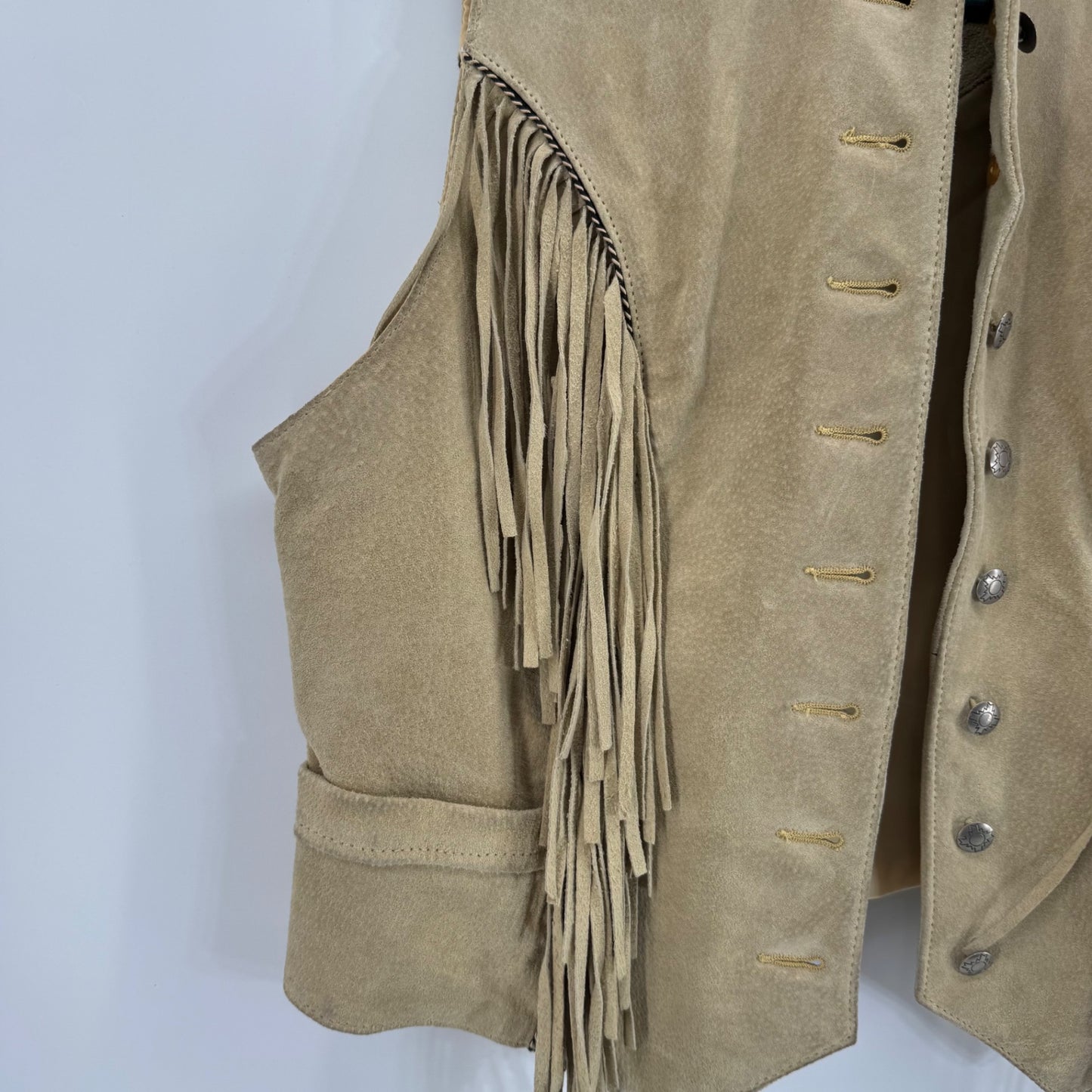 Pioneer Wear Beige Leather Vest w/ Fringe and Snaps Sz Medium
