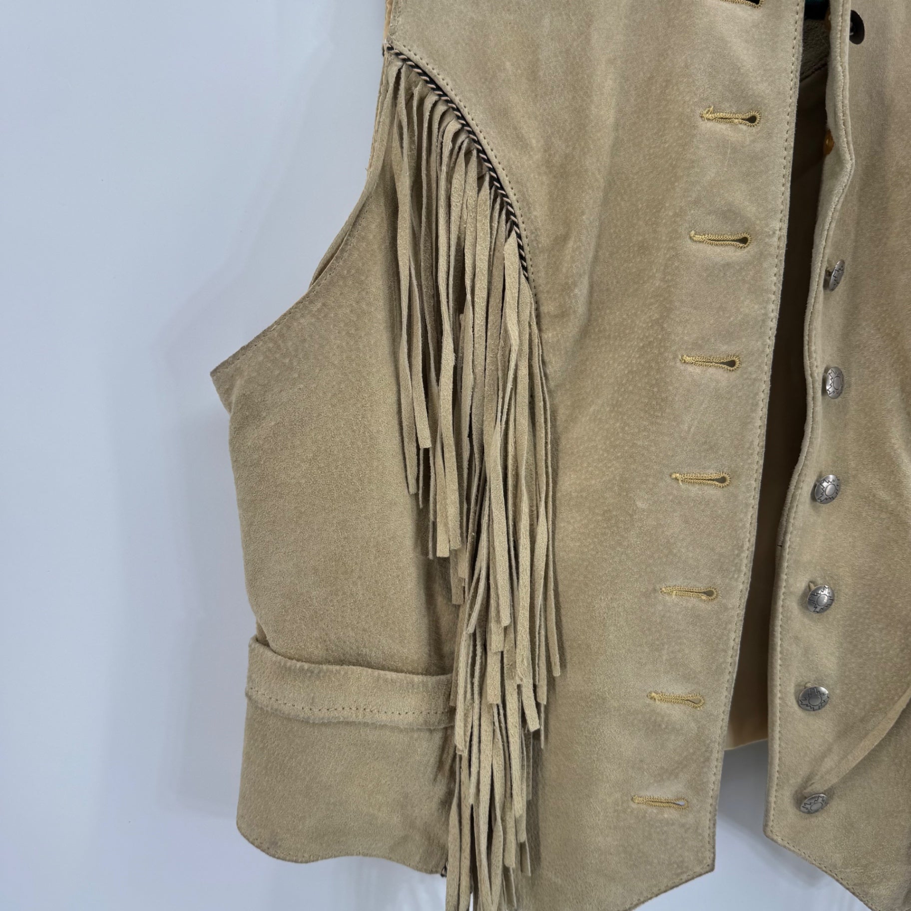Pioneer Wear Beige Leather Vest w/ Fringe and Snaps Sz Medium