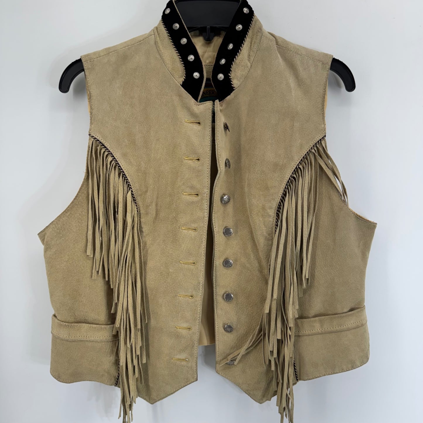Pioneer Wear Beige Leather Vest w/ Fringe and Snaps Sz Medium