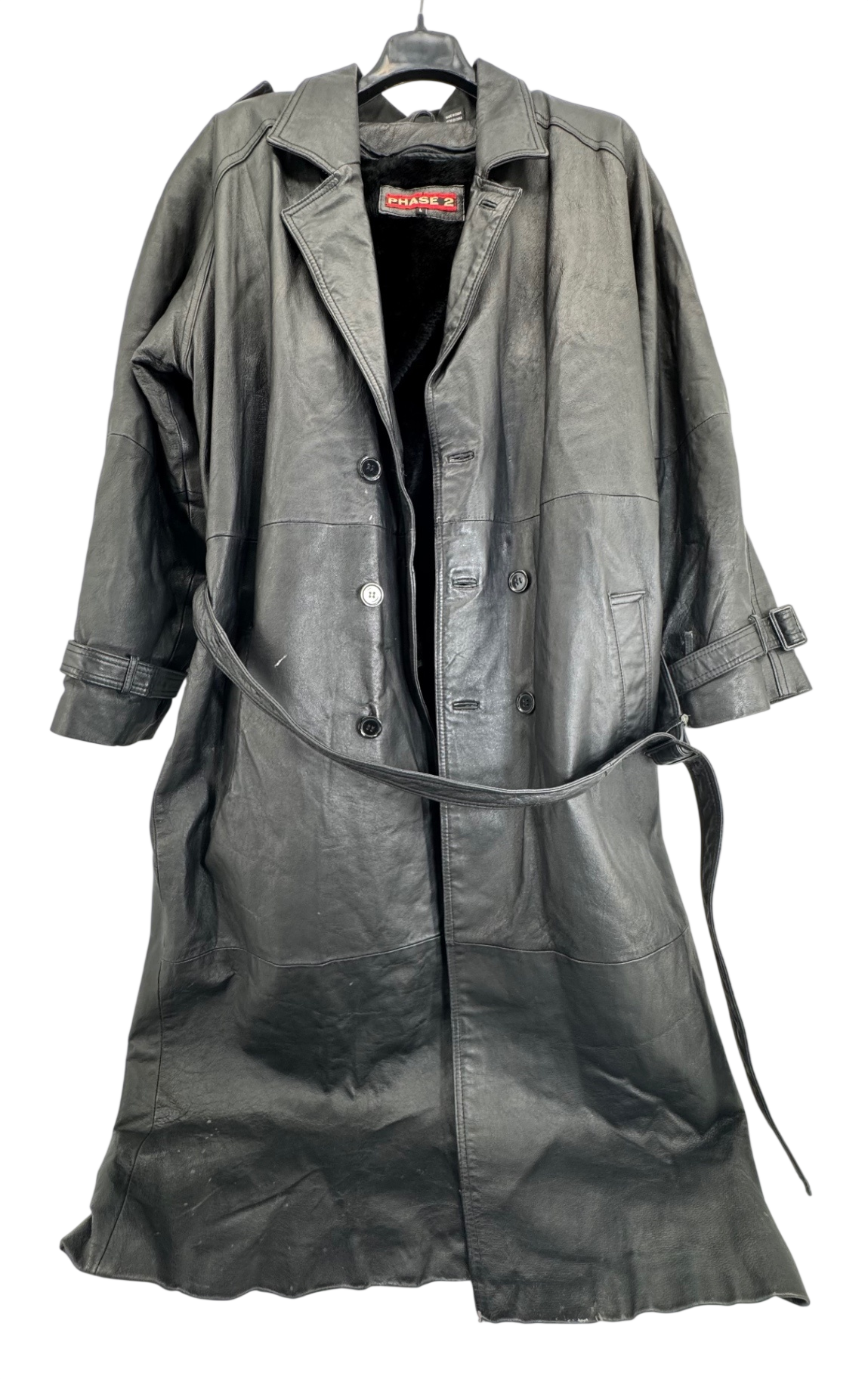 Phase 2 Vintage Black Leather Trench Coat Sz LG