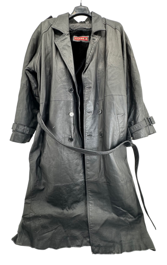 Phase 2 Vintage Black Leather Trench Coat Sz LG