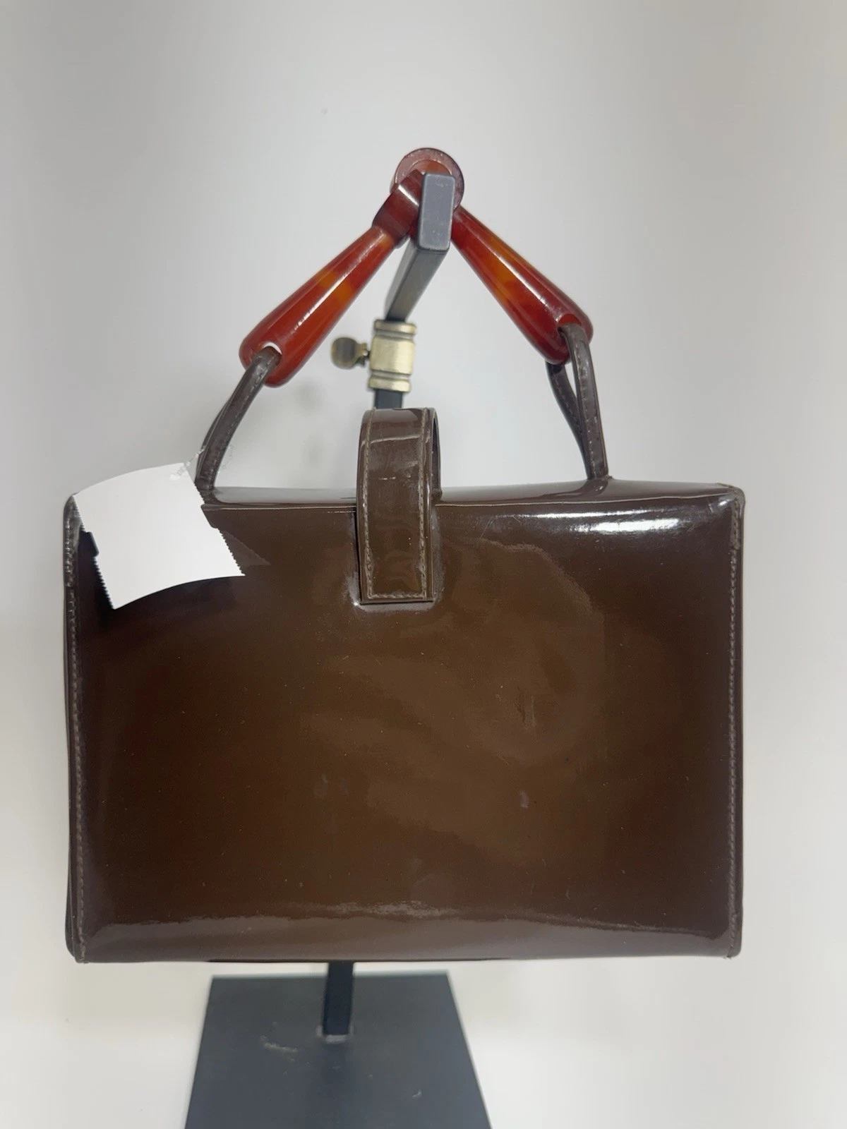 Vintage 50’s Bobby Jerome Cocoa Brown Patent Leather Handbag With Lucite Handles