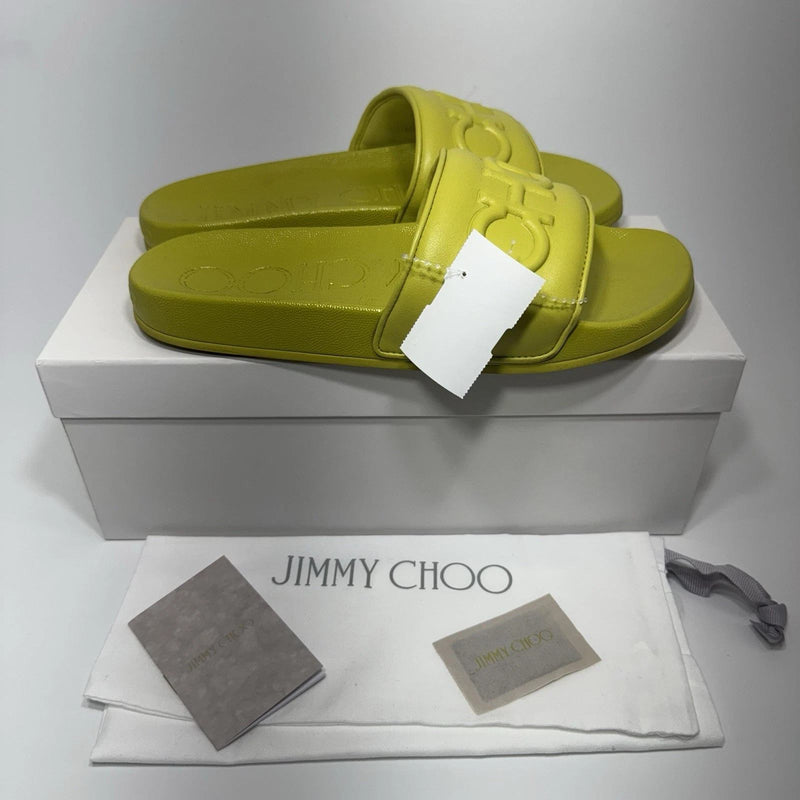 Jimmy Choo Azari Pool Slides US 8.5 (39) Citron Sandals Flats Logo