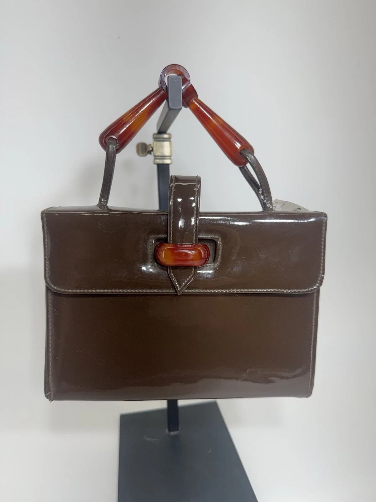 Vintage 50’s Bobby Jerome Cocoa Brown Patent Leather Handbag With Lucite Handles