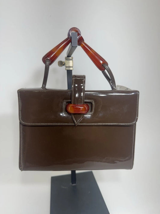 Vintage 50’s Bobby Jerome Cocoa Brown Patent Leather Handbag With Lucite Handles