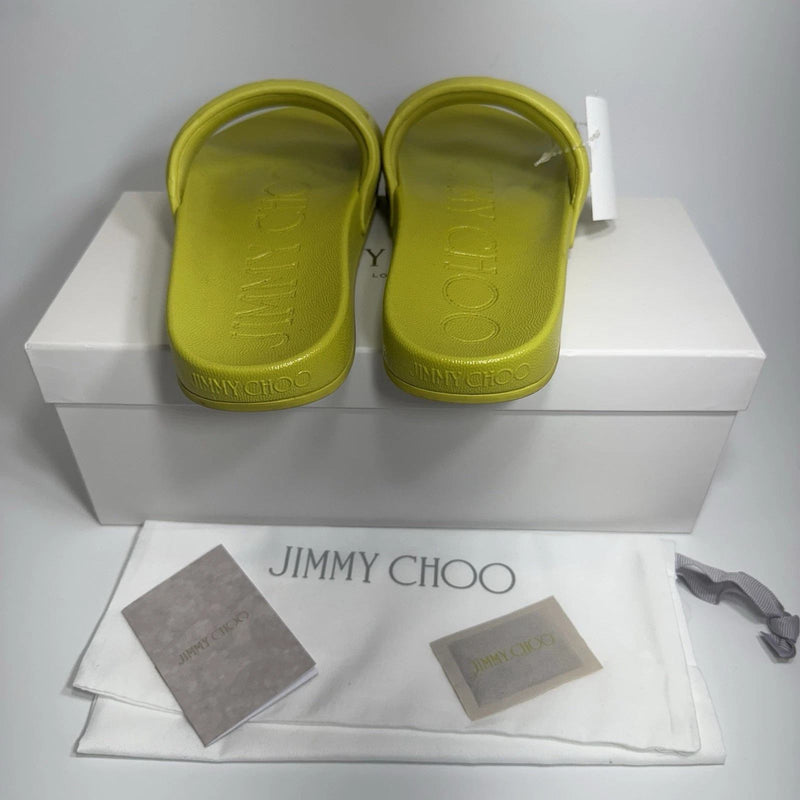 Jimmy Choo Azari Pool Slides US 8.5 (39) Citron Sandals Flats Logo