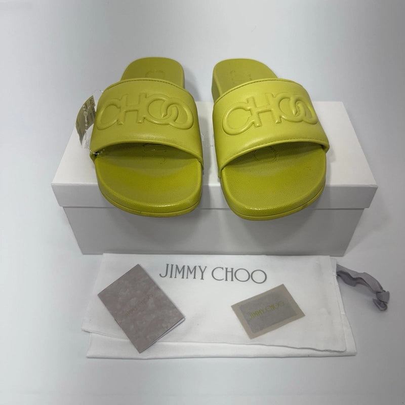 Jimmy Choo Azari Pool Slides US 8.5 (39) Citron Sandals Flats Logo