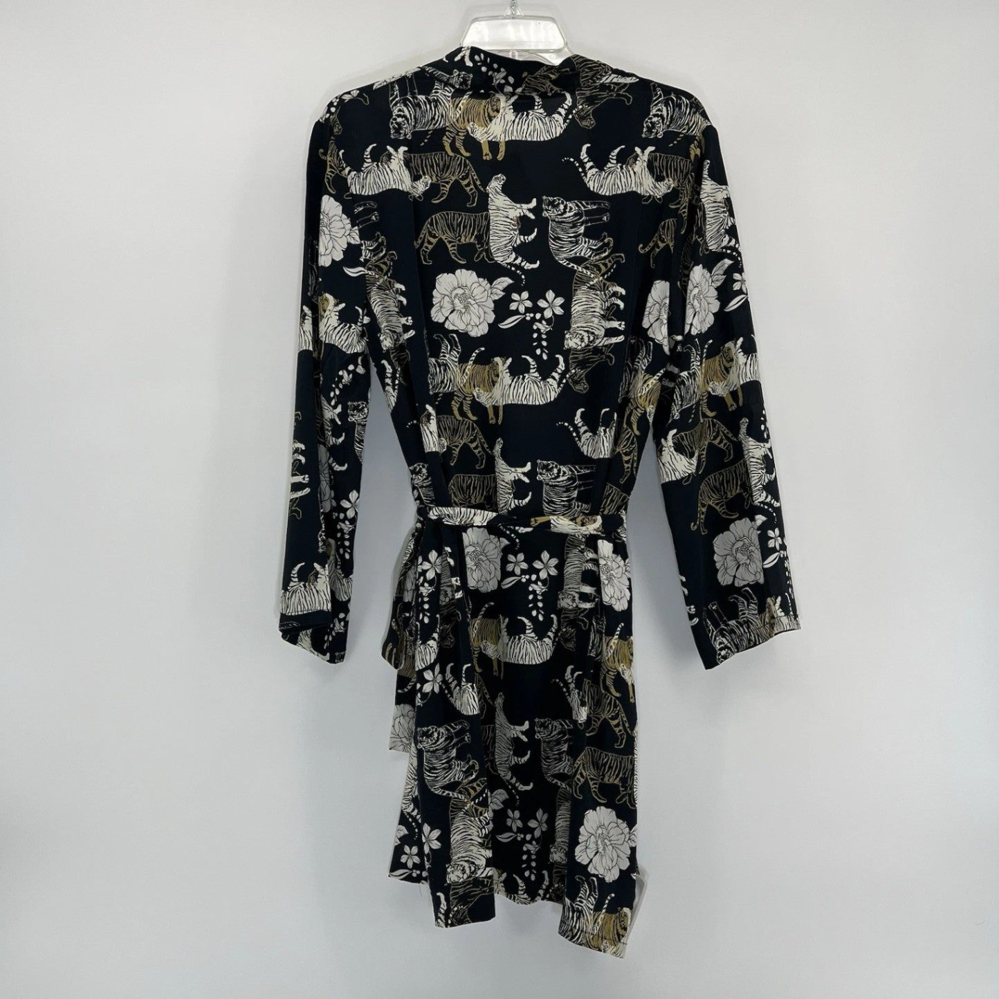 Johnny Was Silk Tiger Print Robe Kimono Belted Lounge Cover Up Black Size S