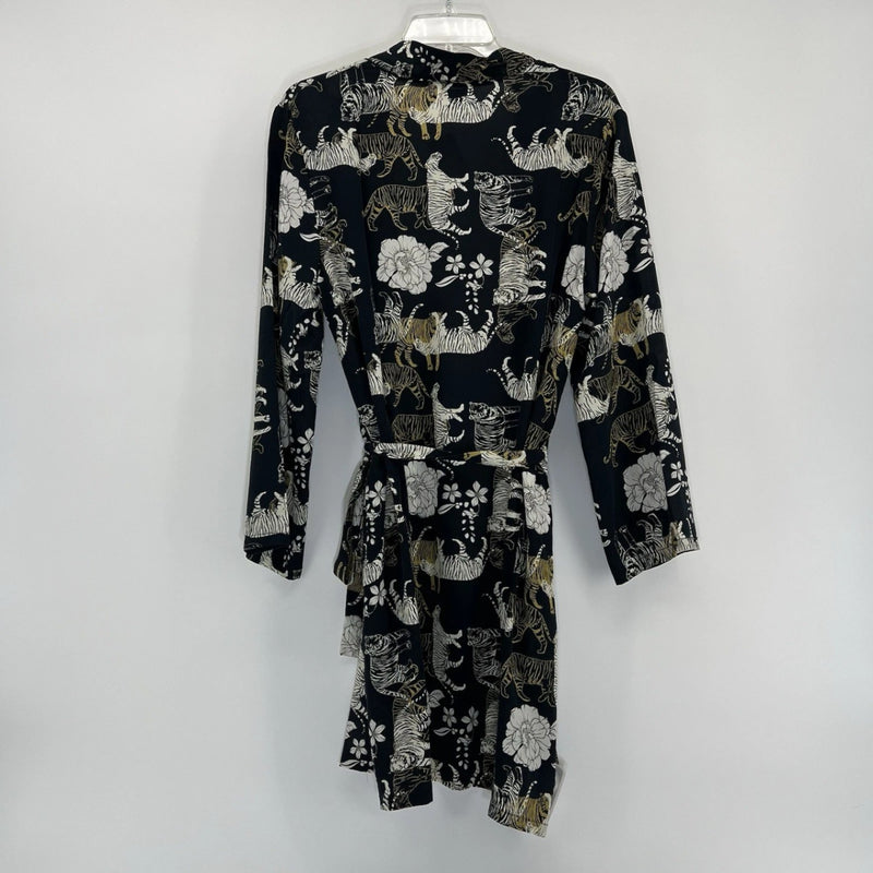 Johnny Was Silk Tiger Print Robe Kimono Belted Lounge Cover Up Black Size S