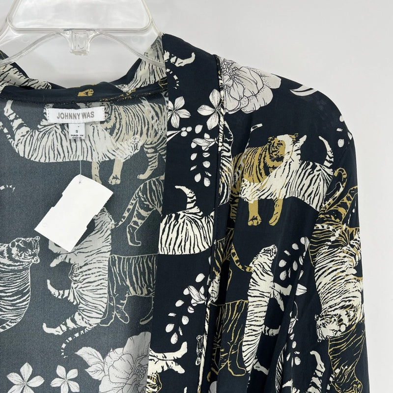 Johnny Was Silk Tiger Print Robe Kimono Belted Lounge Cover Up Black Size S