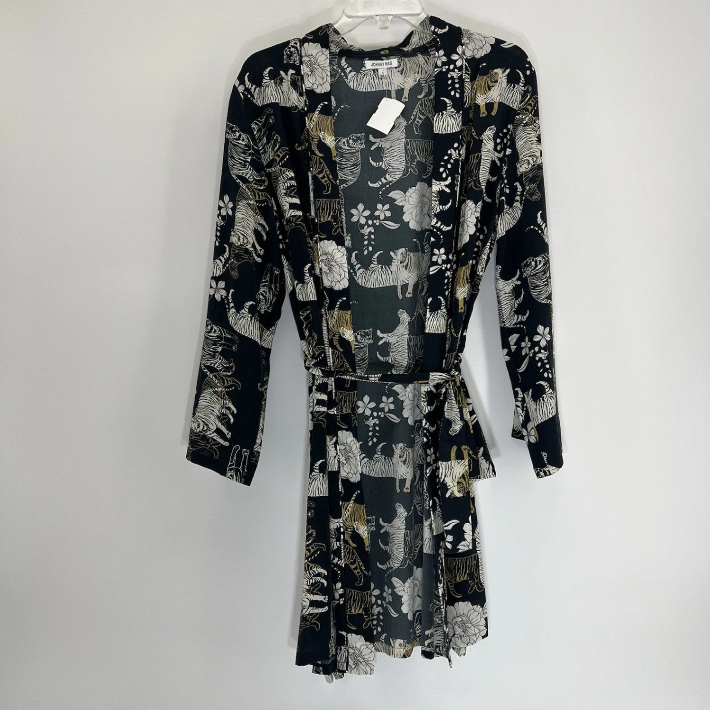 Johnny Was Silk Tiger Print Robe Kimono Belted Lounge Cover Up Black Size S