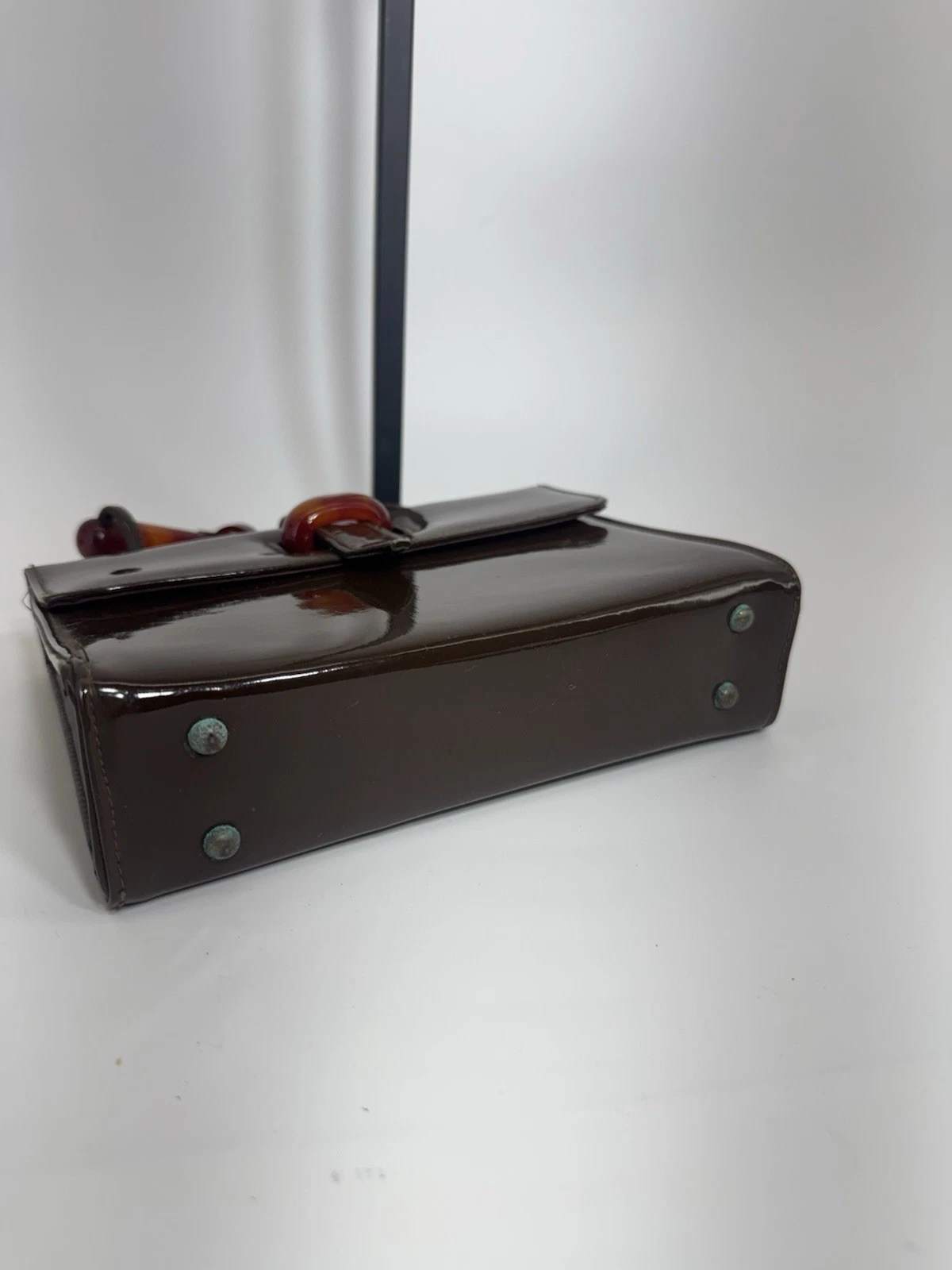 Vintage 50’s Bobby Jerome Cocoa Brown Patent Leather Handbag With Lucite Handles