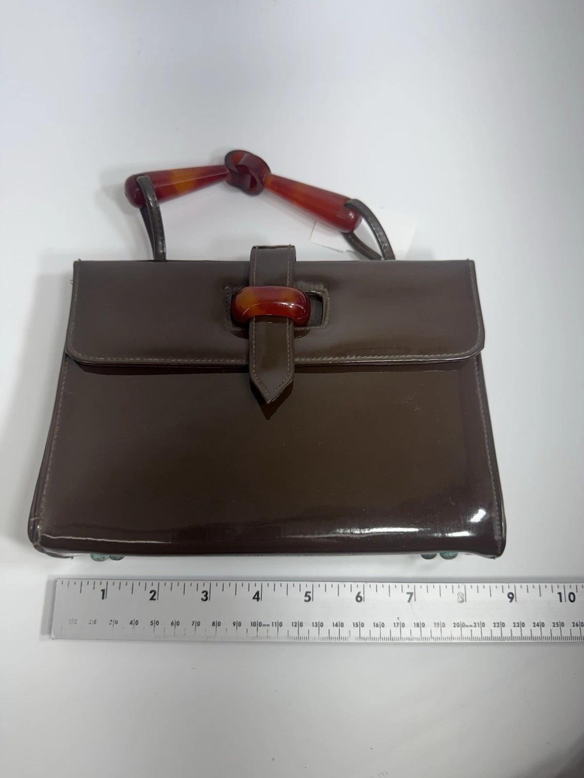 Vintage 50’s Bobby Jerome Cocoa Brown Patent Leather Handbag With Lucite Handles
