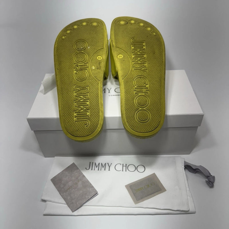 Jimmy Choo Azari Pool Slides US 8.5 (39) Citron Sandals Flats Logo