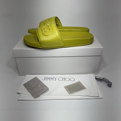 Jimmy Choo Azari Pool Slides US 8.5 (39) Citron Sandals Flats Logo